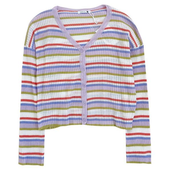 women's t-shirt contrasting rainbow stripes v-neck buttoned short sunscreen long-sleeved women, White
women's t-shirt contrasting rainbow stripes v-neck buttoned short sunscreen long-sleeved women, White