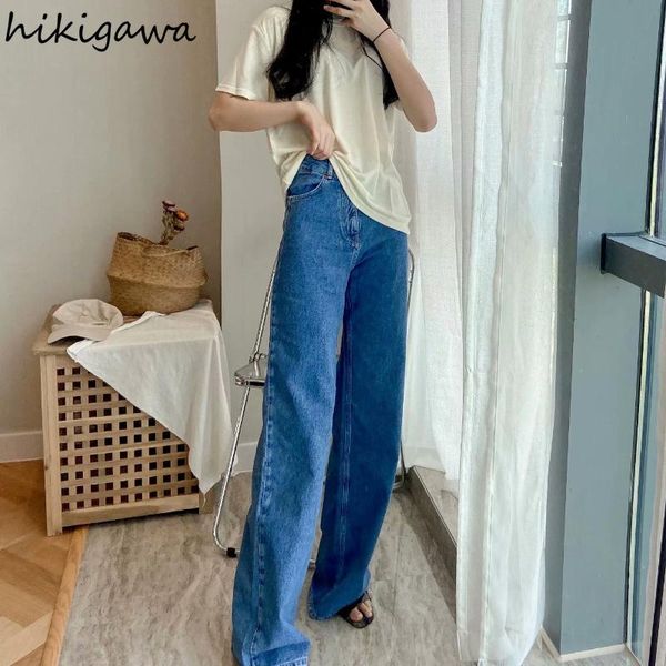 

women's jeans hikigawa woman autumn casual high waist wide leg pants solid street fashion zipper pocket retro denim, Blue