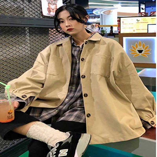 women's jackets 2021 solid color conventional windbreaker single-breasted collar spring and autumn all-match retro jacket women, Black;brown 
women's jackets 2021 solid color conventional windbreaker single-breasted collar spring and autumn all-match retro jacket women, Black;brown