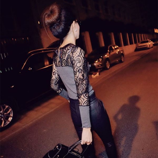 women long sleeve lace t-shirt slim knitwear leather crew neck knitted black gray, White
women long sleeve lace t-shirt slim knitwear leather crew neck knitted black gray, White