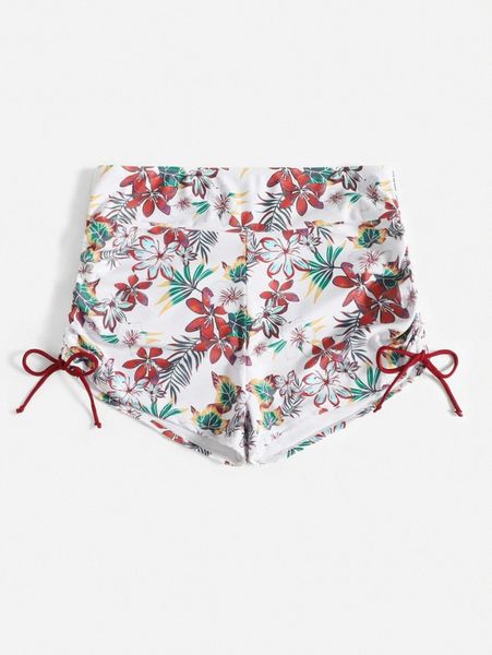 plus floral print drawstring side bikini shorts 96r6#, Black 
plus floral print drawstring side bikini shorts 96r6#, Black