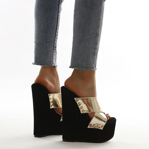 dress shoes 18cm heeled platform sandals women rivet high heel slippers wedges for summer dames, Black
dress shoes 18cm heeled platform sandals women rivet high heel slippers wedges for summer dames, Black