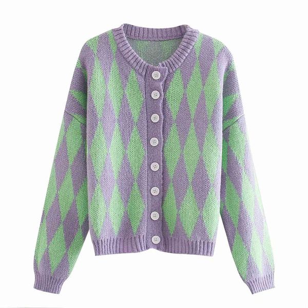 women's sweater purple green argyle button o-neck long sleeve sweater fashion casual female 210517, White;black
women's sweater purple green argyle button o-neck long sleeve sweater fashion casual female 210517, White;black