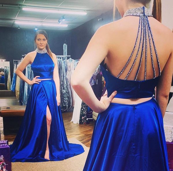 royal blue long sweep prom dresses two pieces beaded neck side split cocktail party women evening formal gowns, Black
royal blue long sweep prom dresses two pieces beaded neck side split cocktail party women evening formal gowns, Black