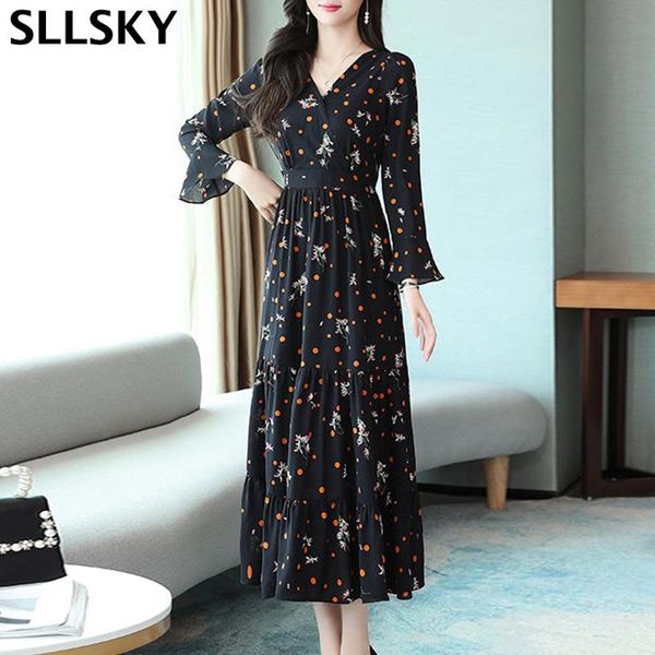 sllsky spring floral print chiffon dress long flare sleeve high elastic waist v-neck mid-calf slim feminine fashion casual dresses, Black;gray
sllsky spring floral print chiffon dress long flare sleeve high elastic waist v-neck mid-calf slim feminine fashion casual dresses, Black;gray