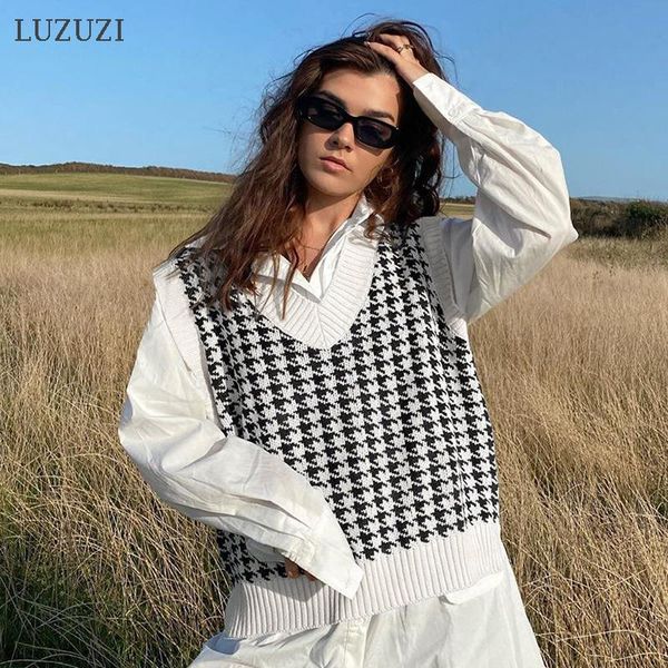 women's sweaters luzuzi fashion oversized houndstooth knitted vest sweater women 2021 vintage sleeveless side vents female waistcoat ch, White;black 
women's sweaters luzuzi fashion oversized houndstooth knitted vest sweater women 2021 vintage sleeveless side vents female waistcoat ch, White;black