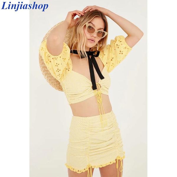 two piece dress set women summer tulle crop embroidery hollow out ruched yellow classic cotton mini skirt, White
two piece dress set women summer tulle crop embroidery hollow out ruched yellow classic cotton mini skirt, White