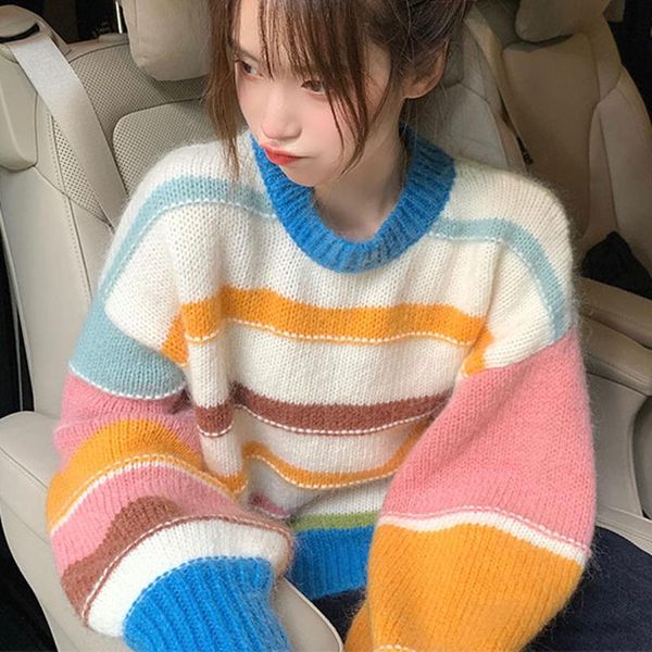 women's sweaters casual sweet o-neck women sweater lady autumn winter fashion korean kawaii long sleeves rainbow striped cute street, White;black
women's sweaters casual sweet o-neck women sweater lady autumn winter fashion korean kawaii long sleeves rainbow striped cute street, White;black
