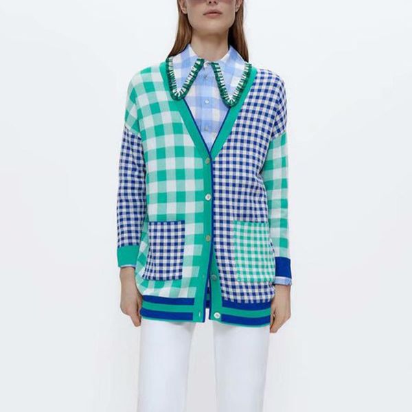 women's knits & tees women 2021 early autumn green plaid loose knitting cardigan sweater vintage pocket long sleeve female outerwear ch, White
women's knits & tees women 2021 early autumn green plaid loose knitting cardigan sweater vintage pocket long sleeve female outerwear ch, White