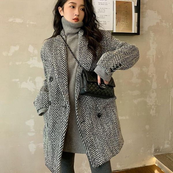 women's wool & blends blend coat women korean fashion plaid jacket streetwear single breasted suit collar winter lugentolo, Black
women's wool & blends blend coat women korean fashion plaid jacket streetwear single breasted suit collar winter lugentolo, Black