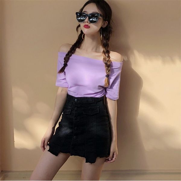 summer women's solid short-sleeved t-shirt korean slim slash neck student fashion off-shoulder tees gd282 210506, White
summer women's solid short-sleeved t-shirt korean slim slash neck student fashion off-shoulder tees gd282 210506, White