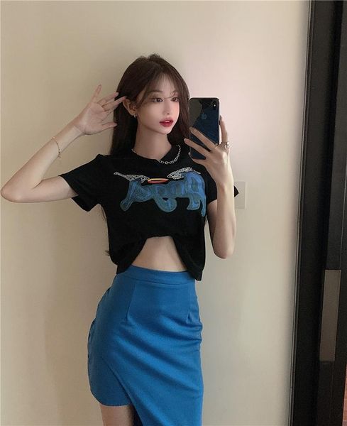 women's t-shirt ytx958 2021 design sense niche short-sleeved all-match irregular short, White 
women's t-shirt ytx958 2021 design sense niche short-sleeved all-match irregular short, White