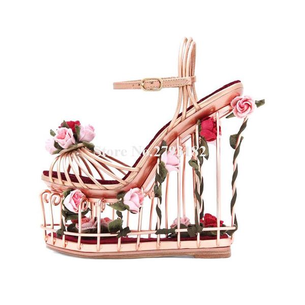women charming open toe gold metal caged design high platform wedge sandals bottom cut-out flowers, Black
women charming open toe gold metal caged design high platform wedge sandals bottom cut-out flowers, Black