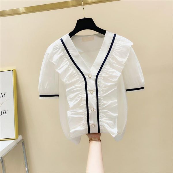 women's blouses & shirts ruffled v-neck short sleeve blouse shirt summer blusas mujer de moda 2021 ropa ladies, White
women's blouses & shirts ruffled v-neck short sleeve blouse shirt summer blusas mujer de moda 2021 ropa ladies, White
