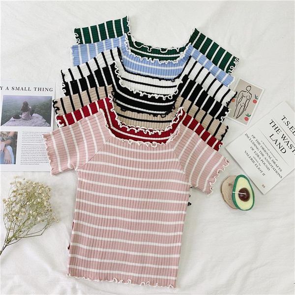 women's t-shirt slash neck striped t-shirts women girl knitted short sleeve ruffles summer off shoulder flounce hem tees, White
women's t-shirt slash neck striped t-shirts women girl knitted short sleeve ruffles summer off shoulder flounce hem tees, White