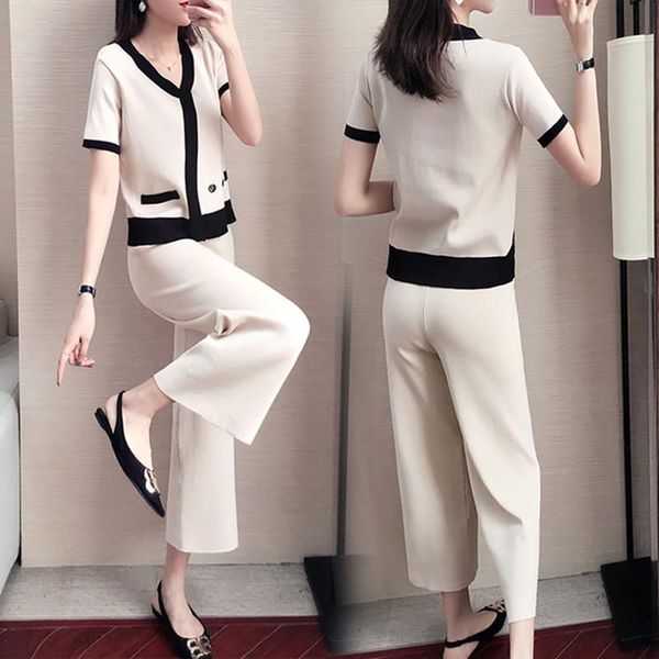 summer women knitted pants set sweaters 2piece v-neck short sleeve pullovers jumper + solid wide-leg trousers women's two piece, White
summer women knitted pants set sweaters 2piece v-neck short sleeve pullovers jumper + solid wide-leg trousers women's two piece, White