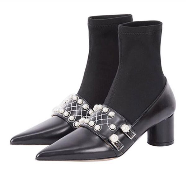 boots beading pearls autumn winter stretch sock women chunky heel pointed toe leather ankle square high heels shoes female, Black
boots beading pearls autumn winter stretch sock women chunky heel pointed toe leather ankle square high heels shoes female, Black