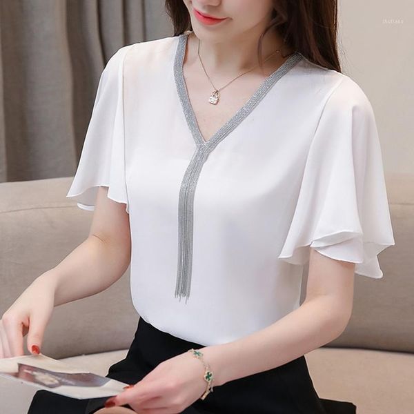 women's blouses & shirts beading fashion brand blouse summer butterfly sleeve chiffon shirt v-neck casual plus size loose female, White
women's blouses & shirts beading fashion brand blouse summer butterfly sleeve chiffon shirt v-neck casual plus size loose female, White
