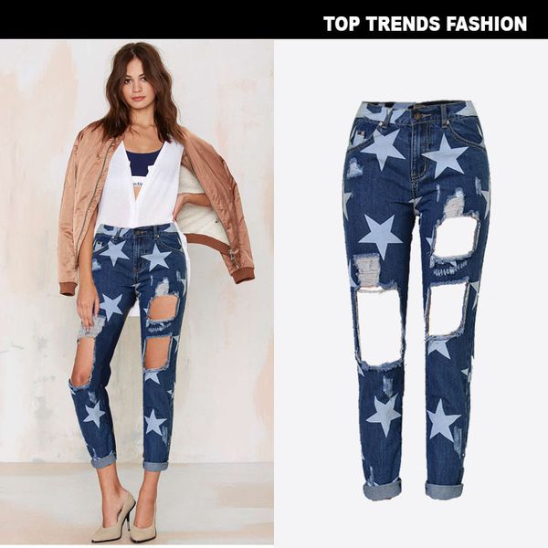 women's high waist perforated denim loose straight pants star printed nine point beggar bf versatile, Blue
women's high waist perforated denim loose straight pants star printed nine point beggar bf versatile, Blue