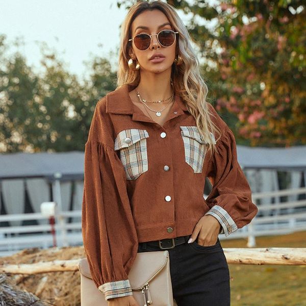 women's jackets lantern long sleeve corduroy jacket women plaid patchwork loose hit color spring short coat pockets outwear, Black;brown
women's jackets lantern long sleeve corduroy jacket women plaid patchwork loose hit color spring short coat pockets outwear, Black;brown