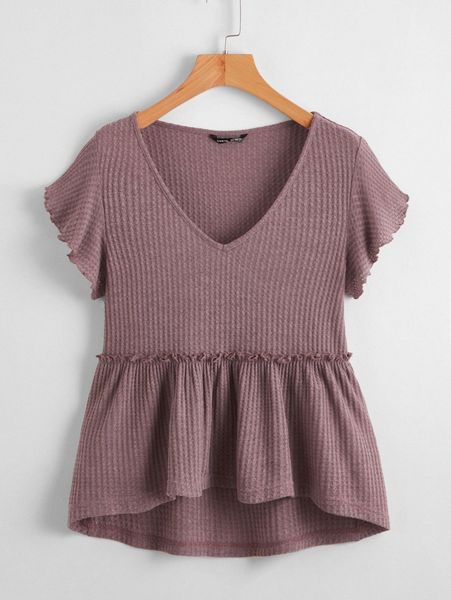 butterfly sleeve waffle knit peplum z6ln#, White