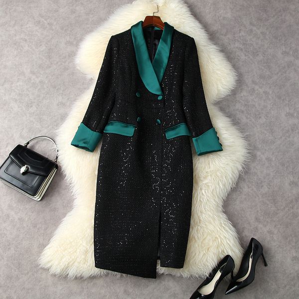 european and american women's wear spring 2022 new long sleeves and double breasted buttons fashion sequined tweed dress, Black;gray
european and american women's wear spring 2022 new long sleeves and double breasted buttons fashion sequined tweed dress, Black;gray