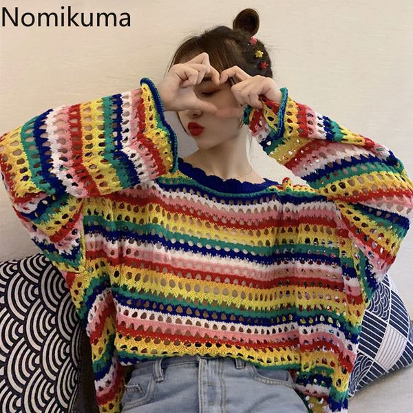 nomikuma rainbow color striped pullovers o neck long sleeve hollow out casual jumpers korean fashion thin sweater women 3b833 210514, White;black
nomikuma rainbow color striped pullovers o neck long sleeve hollow out casual jumpers korean fashion thin sweater women 3b833 210514, White;black