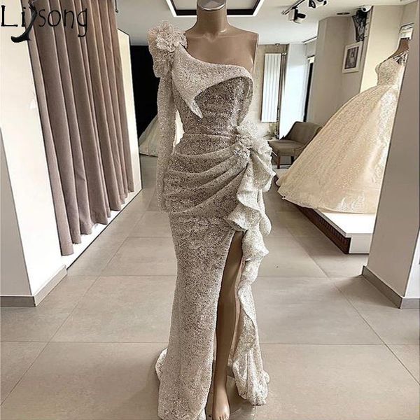 party dresses 2021 couture sequins lace mermaid evening dress long sleeves one shoulder high split ruffled formal prom chic gown, White;black
party dresses 2021 couture sequins lace mermaid evening dress long sleeves one shoulder high split ruffled formal prom chic gown, White;black