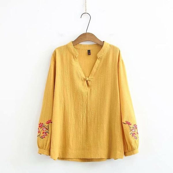 women's blouses & shirts plus size long sleeved blouse v-neck linen floral embroidery ol, White
women's blouses & shirts plus size long sleeved blouse v-neck linen floral embroidery ol, White