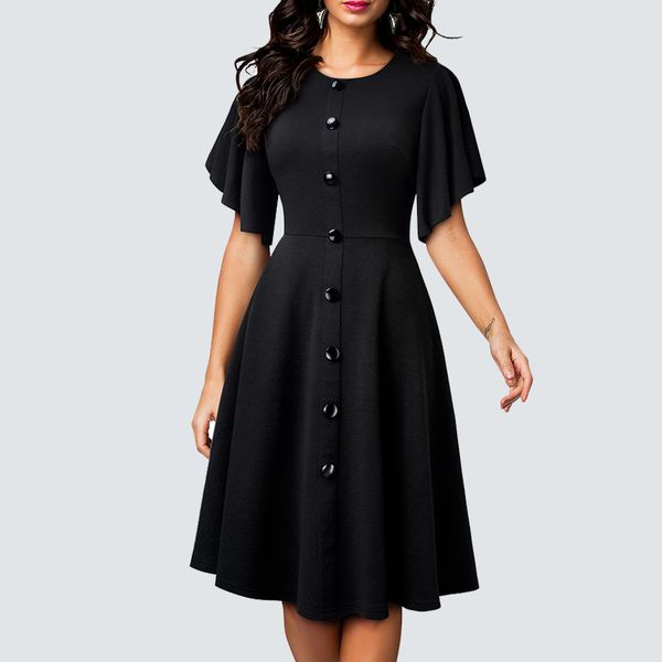 dresses women solid color vintage party chic buttons rufffle sleeve elegant casual a line ha248, Black;gray
dresses women solid color vintage party chic buttons rufffle sleeve elegant casual a line ha248, Black;gray