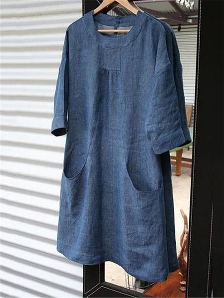 fine national 2021 imitation denim round neck art style short sleeve, Red 
fine national 2021 imitation denim round neck art style short sleeve, Red