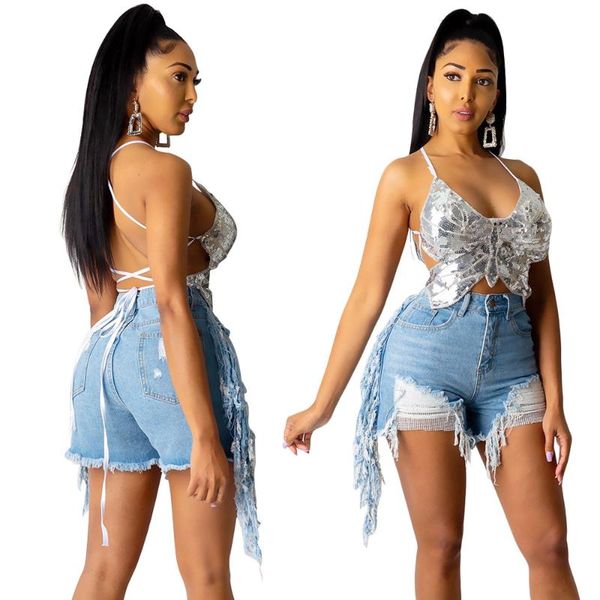 women's jeans donsignet fashion summer -selling casual solid color fringed sanding ripped straight shorts high, Blue
women's jeans donsignet fashion summer -selling casual solid color fringed sanding ripped straight shorts high, Blue