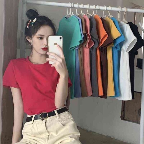 basic cotton summer t shirt women casual candy color short sleeve tee high elasticity o neck female slim bottoming tshirts 210522, White
basic cotton summer t shirt women casual candy color short sleeve tee high elasticity o neck female slim bottoming tshirts 210522, White