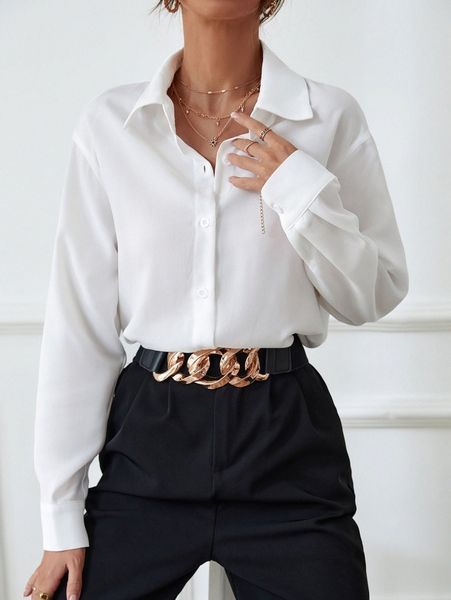 solid button front blouse t0mk#, White