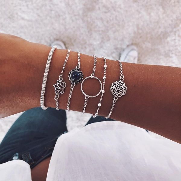 link, chain europe and america simple lotus leaf round stone flower beads trendy fashion bracelet set, Black
link, chain europe and america simple lotus leaf round stone flower beads trendy fashion bracelet set, Black