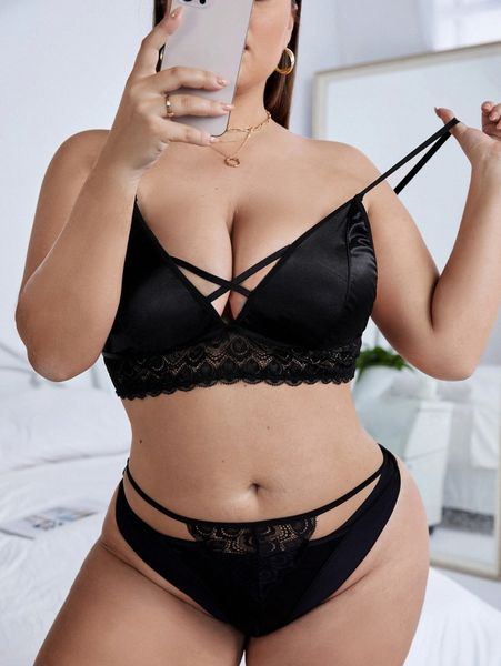 plus contrast lace cross lingerie set j9wv#, Black;white