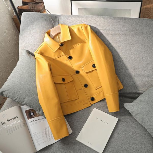 women's leather & faux spring women soft jacket short coat pu motorcycle single breasted punk white yellow outerwear, Black
women's leather & faux spring women soft jacket short coat pu motorcycle single breasted punk white yellow outerwear, Black