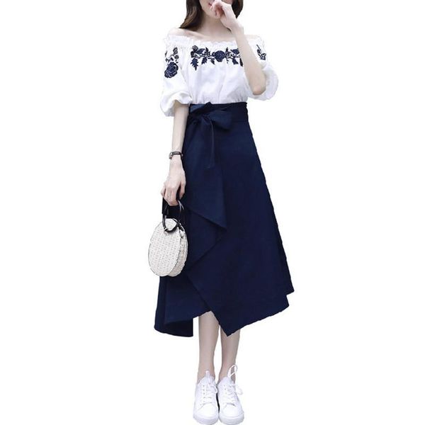 2pcs/set summer women sets clothing suit t-shirt + skirt off-shoulder floral bowknot ribbon half sleeve for female two piece dress, White
2pcs/set summer women sets clothing suit t-shirt + skirt off-shoulder floral bowknot ribbon half sleeve for female two piece dress, White