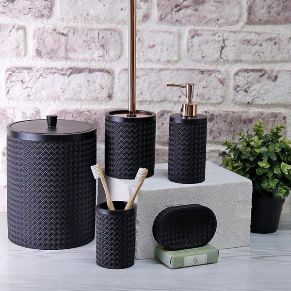 bath accessory set wicker of 5 bathroom decor black color with dustbin, toilet brush, liquid soap dispenser, toothbrush holder, dispenser
bath accessory set wicker of 5 bathroom decor black color with dustbin, toilet brush, liquid soap dispenser, toothbrush holder, dispenser