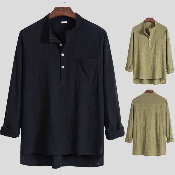 men's casual shirts summer shirt cotton solid long sleeve blouse chic stand collar fashion handsome 2021 streetwear camisas, White;black
men's casual shirts summer shirt cotton solid long sleeve blouse chic stand collar fashion handsome 2021 streetwear camisas, White;black