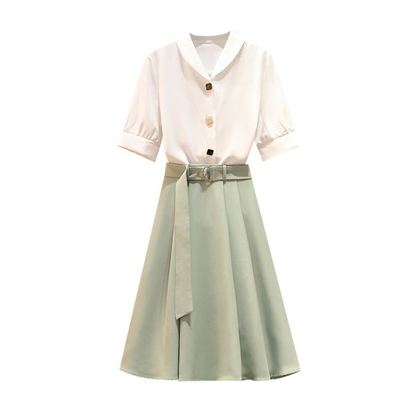 women two pieces set white shirt short sleeve knee length skirt green turn down collar t0418 210514
women two pieces set white shirt short sleeve knee length skirt green turn down collar t0418 210514