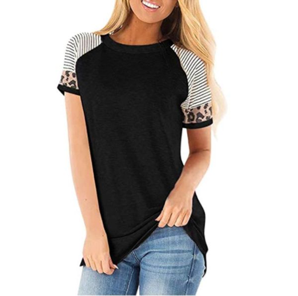 women's t-shirt 2021 summer print stripe stitching leopard round neck short sleeve for women, White
women's t-shirt 2021 summer print stripe stitching leopard round neck short sleeve for women, White