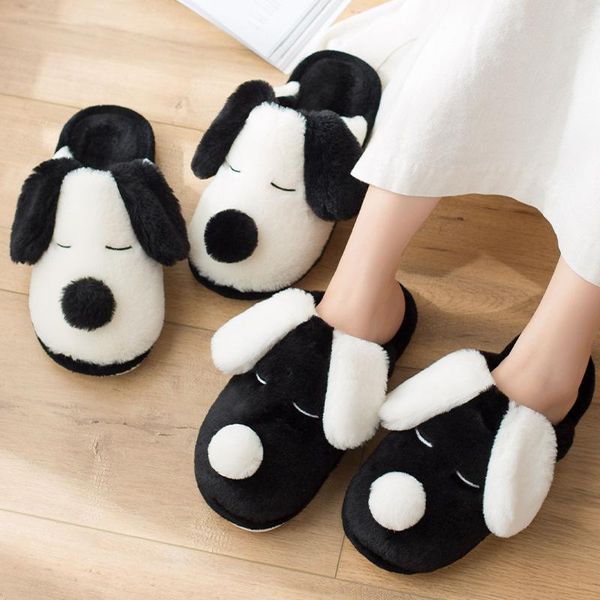 fashion cartoon cotton slippers lovers winter home lovely dog thick, Black