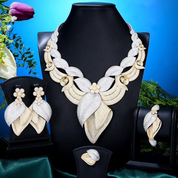 earrings & necklace brand 4pcs luxury big bloom flowers jewelry set african for women wedding cubic zirconia dubai bridal jewellery, Silver
earrings & necklace brand 4pcs luxury big bloom flowers jewelry set african for women wedding cubic zirconia dubai bridal jewellery, Silver