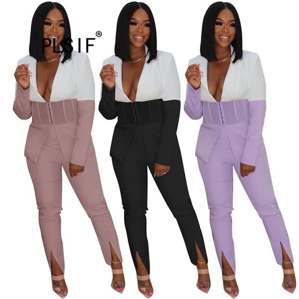women's two piece pants women long sleeve v-neck waist hidden button jacket elastic split feet street fashion stitching trousers set au, White
women's two piece pants women long sleeve v-neck waist hidden button jacket elastic split feet street fashion stitching trousers set au, White