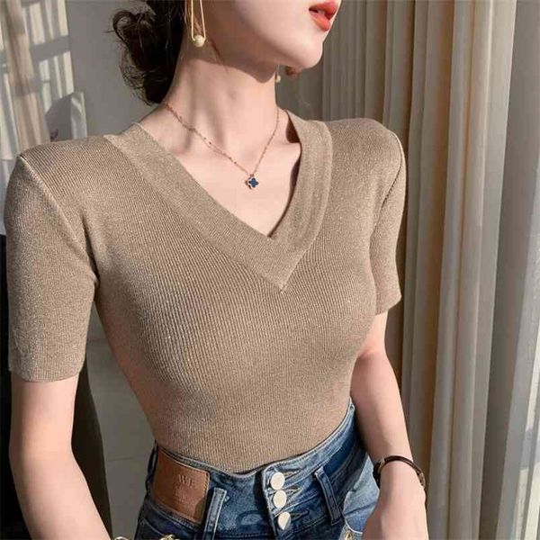fashion spring summerv-neck bright silk short sleeve sweater women's pullover slim bottoming shirt 210507, White
fashion spring summerv-neck bright silk short sleeve sweater women's pullover slim bottoming shirt 210507, White