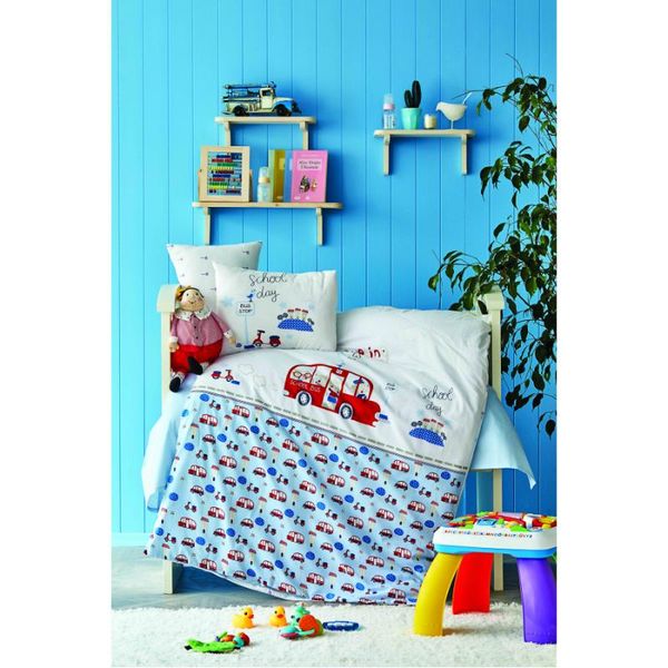 bedding sets school bus blue 100% cotton baby duvet cover set / made in turkey