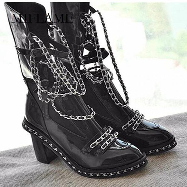 boots women's high shoes fashion chain decoration spring round toe patent leather thick heeled over the knee, Black 
boots women's high shoes fashion chain decoration spring round toe patent leather thick heeled over the knee, Black