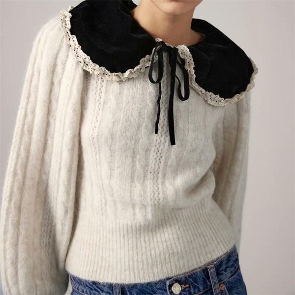 women's sweaters 2022 fashion velvet doll collar lace trim sweater retro high neck long sleeve women pullover streetwear, White;black
women's sweaters 2022 fashion velvet doll collar lace trim sweater retro high neck long sleeve women pullover streetwear, White;black