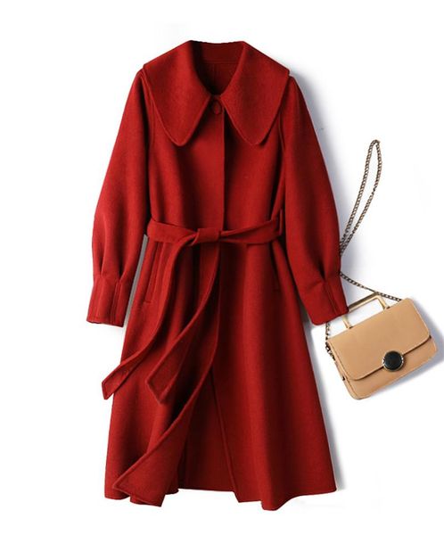 women's wool & blends high-end double-sided cashmere coat mid-length 2021 winter lace-up doll collar hand-stitched woolen jacket, Black
women's wool & blends high-end double-sided cashmere coat mid-length 2021 winter lace-up doll collar hand-stitched woolen jacket, Black